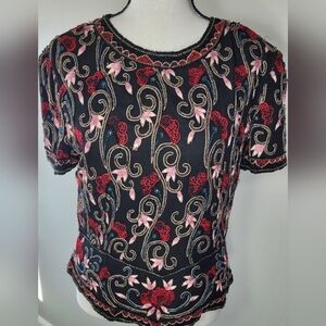 Papell Boutique Evening 100% Silk Beaded Top Medium Vintage